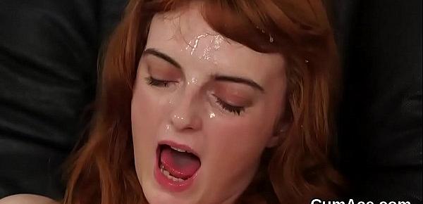  Peculiar model gets sperm shot on her face swallowing all the cum
